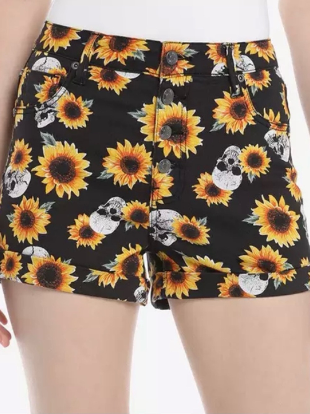 HT Denim /RomweBlack Sunflower Skull Print High-Waist Bike Shorts